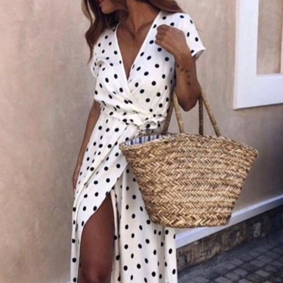 Maxi Wrap Polka Dot Belted White Summer Dress - Picture 2 of 6
